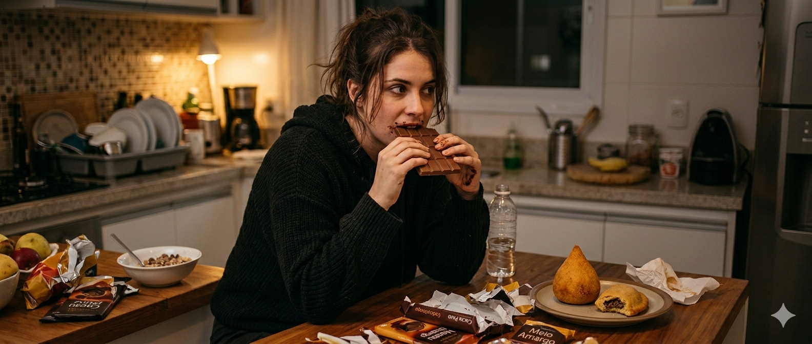 Por que seu corpo implora por doces e frituras? Entenda a fome emocional em 1 minuto.